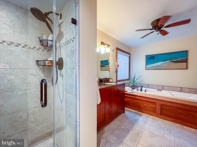 500 Newport Cir, Langhorne, PA 19053 - bathroom with vanity, a bath, ceiling fan, and a shower stall