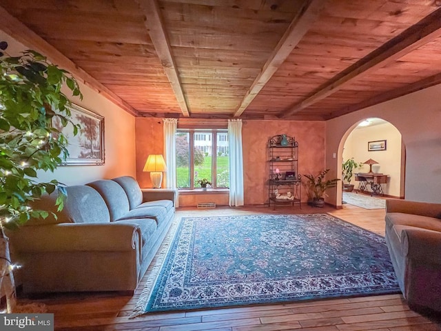 500 Newport Cir, Langhorne, PA 19053 - living room with arched walkways, wooden ceiling with exposed beams, and wood finished floors