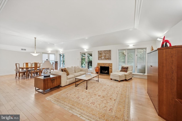 8 Fetlock Ln, Blue Bell, PA 19422 - living room featuring light wood finished floors, a stone fireplace, and a raised ceiling