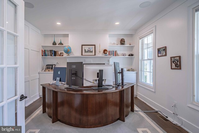 232 Cobblestone Ln, Bethlehem, PA 18020 - office with plenty of natural light, wood finished floors, baseboards, recessed lighting, and built in shelves