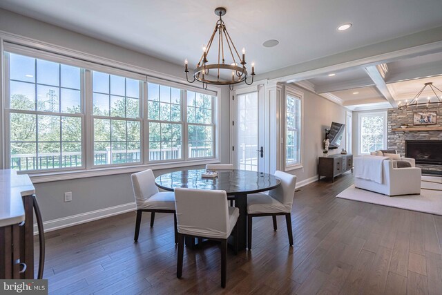 232 Cobblestone Ln, Bethlehem, PA 18020 - dining area featuring a chandelier, baseboards, dark wood-style floors, crown molding, and beam ceiling