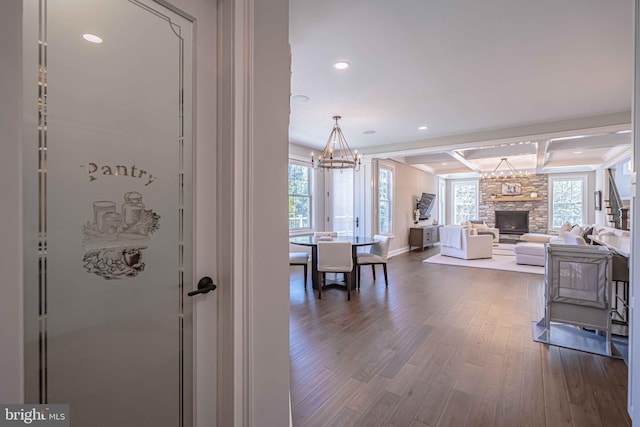 232 Cobblestone Ln, Bethlehem, PA 18020 - hall with a chandelier, coffered ceiling, recessed lighting, healthy amount of natural light, and dark wood finished floors