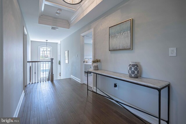 232 Cobblestone Ln, Bethlehem, PA 18020 - hallway featuring crown molding, baseboards, dark wood finished floors, an upstairs landing, and a raised ceiling