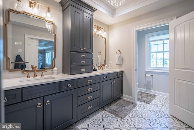 232 Cobblestone Ln, Bethlehem, PA 18020 - bathroom featuring double vanity, tile patterned floors, baseboards, and crown molding