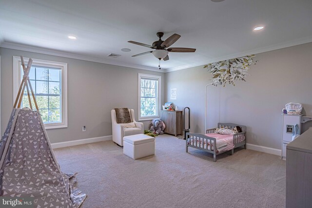 232 Cobblestone Ln, Bethlehem, PA 18020 - bedroom with crown molding, light colored carpet, baseboards, recessed lighting, and a ceiling fan