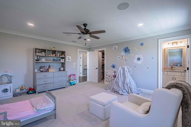 232 Cobblestone Ln, Bethlehem, PA 18020 - bedroom featuring light carpet, crown molding, recessed lighting, ensuite bathroom, and a ceiling fan