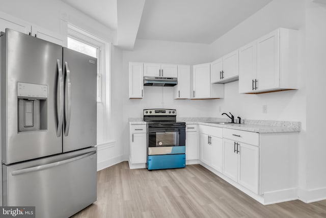 19 Valley St, Lewistown, PA 17044 - kitchen with stainless steel refrigerator with ice dispenser, electric range, under cabinet range hood, a sink, and light wood finished floors