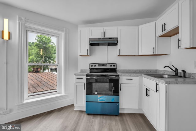 19 Valley St, Lewistown, PA 17044 - kitchen featuring electric range oven, a sink, under cabinet range hood, light wood-type flooring, and white cabinetry