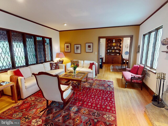 439 W Park Ave, State College, PA 16803 - living room with wood finished floors, crown molding, baseboards, and recessed lighting