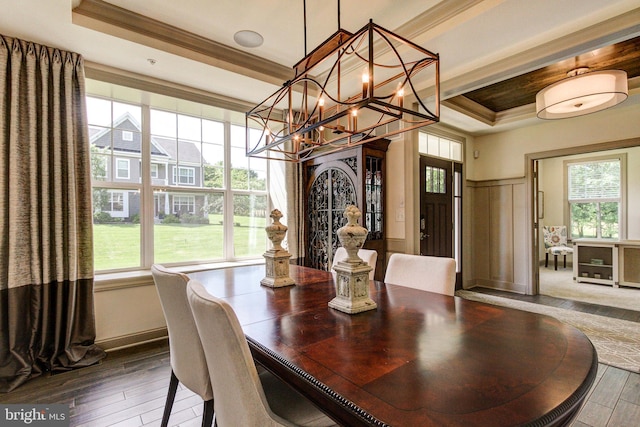 dining area featuring a raised ceiling, plenty of natural light, ornamental molding, hardwood / wood-style floors, and a chandelier