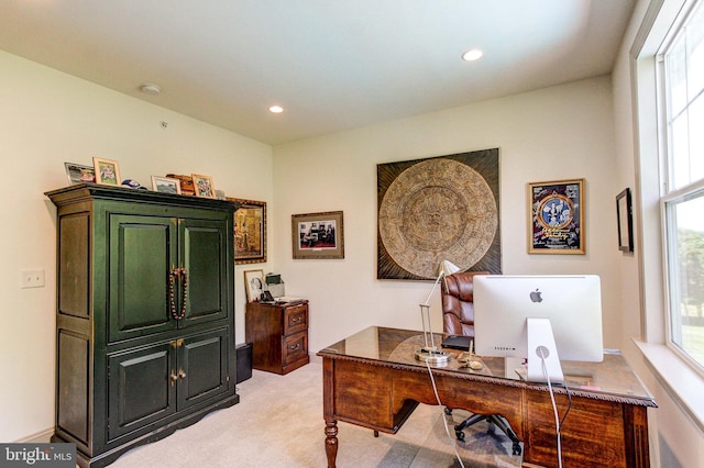 office area featuring light colored carpet and recessed lighting