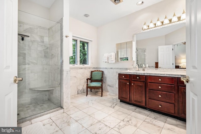 8320 Ingleton Cir W, Easton, MD 21601 - bathroom featuring a shower stall, marble finish floors, vanity, tile walls, and wainscoting