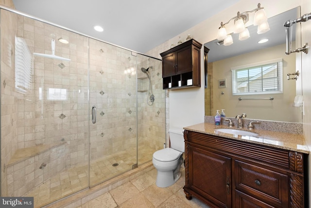 127 E 13th St, Long Beach Township, NJ 08008 - bathroom with vanity, a stall shower, toilet, recessed lighting, and stone finish floors