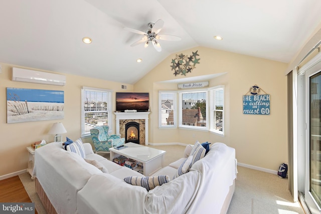 127 E 13th St, Long Beach Township, NJ 08008 - living area with an AC wall unit, ceiling fan, baseboards, a warm lit fireplace, and lofted ceiling