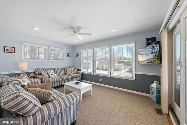 127 E 13th St, Long Beach Township, NJ 08008 - living room with carpet flooring, a ceiling fan, baseboards, and recessed lighting