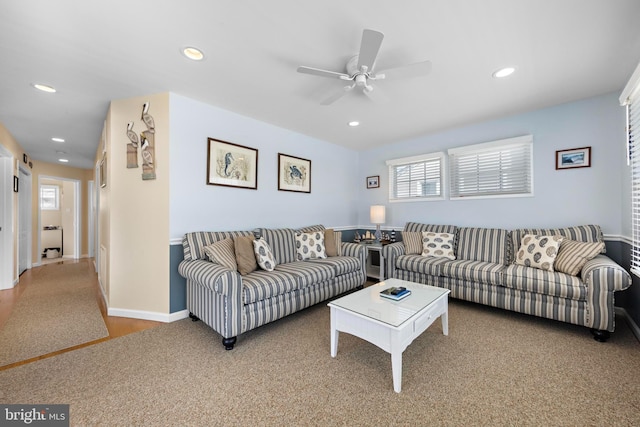 127 E 13th St, Long Beach Township, NJ 08008 - living area featuring recessed lighting, ceiling fan, baseboards, and carpet floors