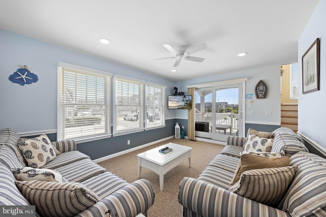 127 E 13th St, Long Beach Township, NJ 08008 - living room featuring a ceiling fan, carpet, baseboards, and recessed lighting