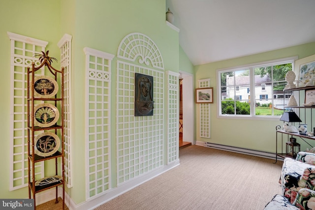 carpeted bedroom with baseboard heating, baseboards, and high vaulted ceiling