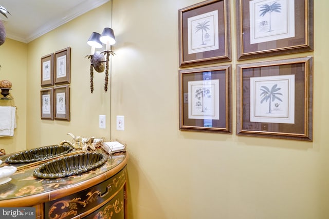 bathroom featuring ornamental molding and vanity