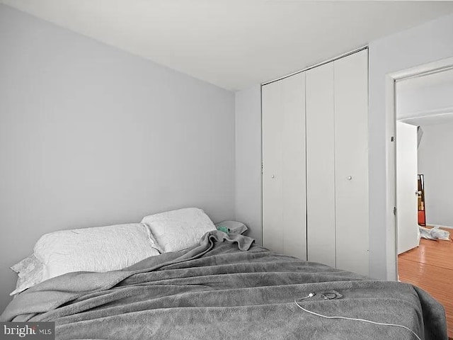 bedroom with wood finished floors and a closet