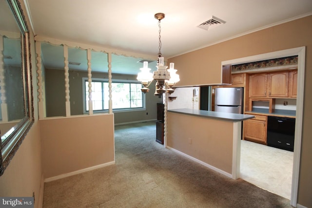 kitchen with freestanding refrigerator, dishwasher, light carpet, a chandelier, and baseboards