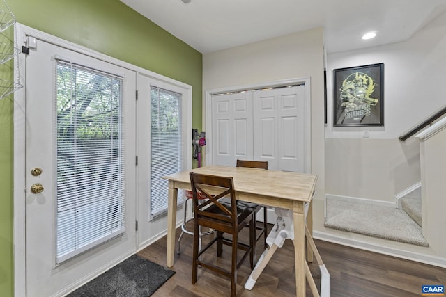 1731 Webland Park, Charlottesville, VA 22901 - dining space with dark wood-type flooring, stairs, baseboards, and recessed lighting