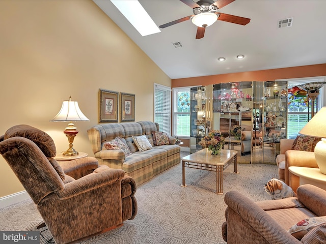 7705 Forney Way, Harrisburg, PA 17112 - carpeted living area with ceiling fan, a skylight, high vaulted ceiling, recessed lighting, and baseboards