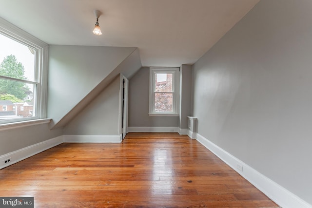 116 Price St, West Chester, PA 19382 - additional living space with light wood finished floors, vaulted ceiling, baseboards, and radiator heating unit
