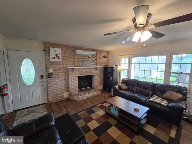 33 Middlebury Ln, Willingboro, NJ 08046 - living area featuring ceiling fan, wood finished floors, and a brick fireplace