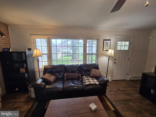 33 Middlebury Ln, Willingboro, NJ 08046 - living area with baseboard heating, crown molding, ceiling fan, and dark wood-style floors