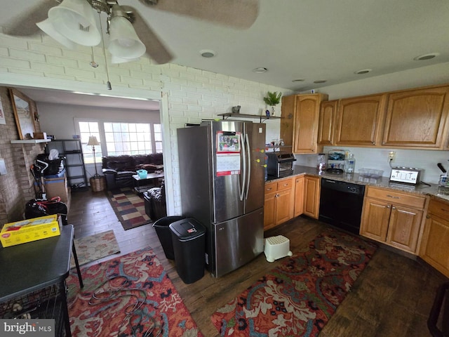 33 Middlebury Ln, Willingboro, NJ 08046 - kitchen with dishwasher, freestanding refrigerator, dark wood finished floors, stone countertops, and brown cabinetry