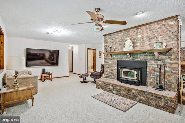 1021 Carson Dr, Huntingtown, MD 20639 - carpeted living room featuring a brick fireplace, a textured ceiling, and ceiling fan