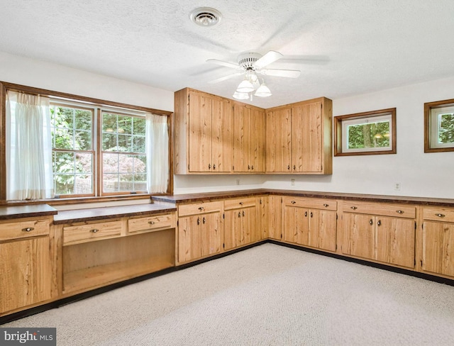 1021 Carson Dr, Huntingtown, MD 20639 - kitchen with ceiling fan, a textured ceiling, and dark countertops