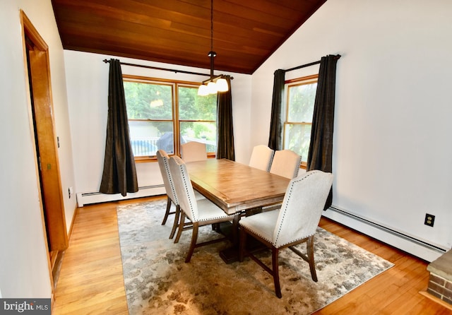 194 Irene Ave, Pasadena, MD 21122 - dining room with a baseboard radiator, lofted ceiling, light wood-style flooring, wood ceiling, and a chandelier