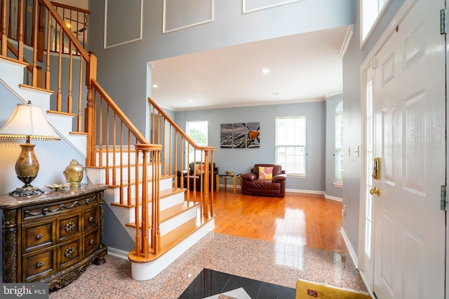 4 Bernadette Cir, Monmouth Junction, NJ 08852 - entryway featuring ornamental molding, granite tiled floors, stairs, baseboards, and recessed lighting