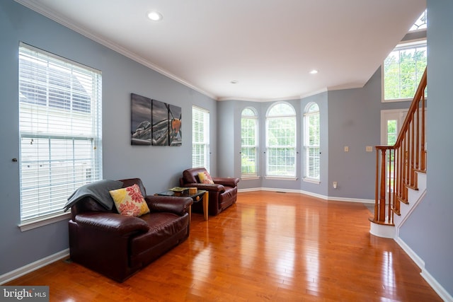 4 Bernadette Cir, Monmouth Junction, NJ 08852 - living area with light wood-style flooring, baseboards, plenty of natural light, crown molding, and recessed lighting