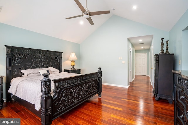 4 Bernadette Cir, Monmouth Junction, NJ 08852 - bedroom featuring hardwood / wood-style flooring, baseboards, high vaulted ceiling, a ceiling fan, and recessed lighting