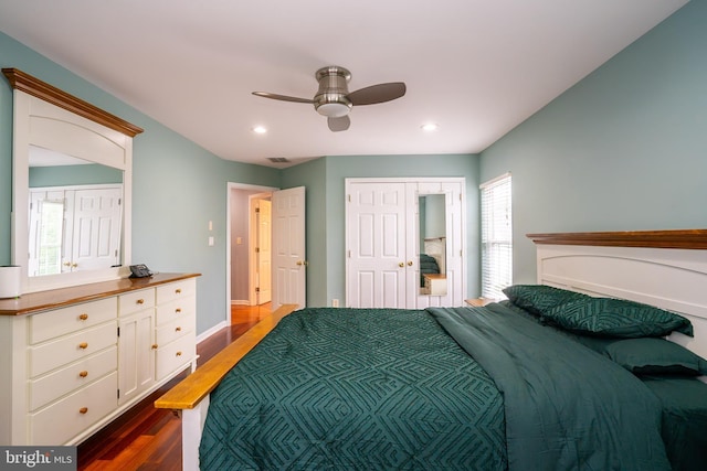 4 Bernadette Cir, Monmouth Junction, NJ 08852 - bedroom with dark wood-style flooring, recessed lighting, a ceiling fan, a closet, and baseboards