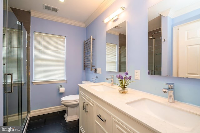 4 Bernadette Cir, Monmouth Junction, NJ 08852 - full bath featuring toilet, a shower with door, double vanity, and crown molding