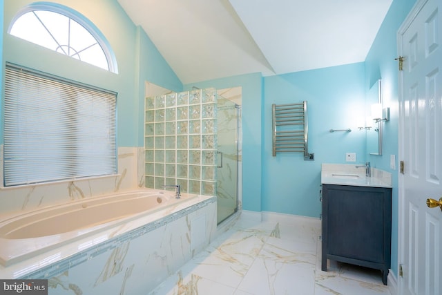 4 Bernadette Cir, Monmouth Junction, NJ 08852 - full bath with radiator, marble look tile flooring, a bath, a marble finish shower, and vanity