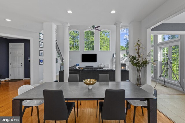 17621 Auburn Village Dr, Sandy Spring, MD 20860 - dining space with recessed lighting, ceiling fan, stairway, ornate columns, and baseboards