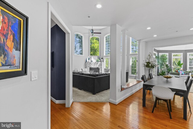 17621 Auburn Village Dr, Sandy Spring, MD 20860 - dining space with light wood-type flooring, baseboards, recessed lighting, plenty of natural light, and ceiling fan