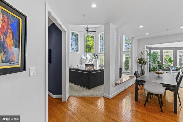 17621 Auburn Village Dr, Sandy Spring, MD 20860 - dining space with light wood finished floors, baseboards, recessed lighting, and a ceiling fan