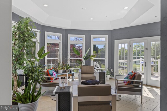 17621 Auburn Village Dr, Sandy Spring, MD 20860 - sunroom featuring french doors, tile patterned flooring, and a tray ceiling