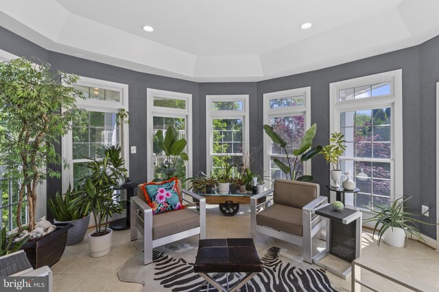 17621 Auburn Village Dr, Sandy Spring, MD 20860 - sunroom / solarium featuring a tray ceiling, tile patterned flooring, and recessed lighting