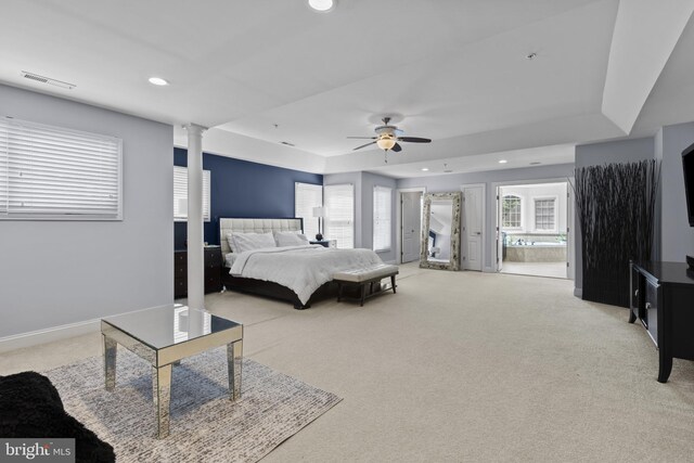 17621 Auburn Village Dr, Sandy Spring, MD 20860 - bedroom with a raised ceiling, light carpet, recessed lighting, ornate columns, and ceiling fan