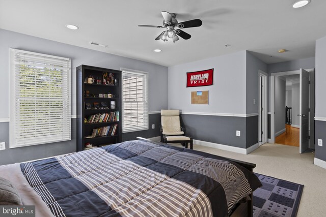 17621 Auburn Village Dr, Sandy Spring, MD 20860 - bedroom with multiple windows, baseboards, recessed lighting, carpet, and a ceiling fan