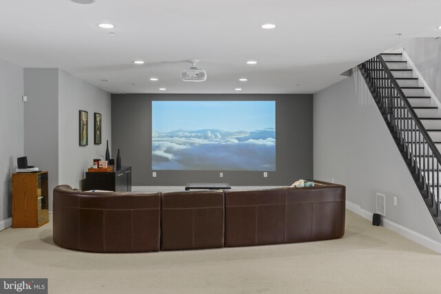 17621 Auburn Village Dr, Sandy Spring, MD 20860 - home theater room with light carpet, recessed lighting, and baseboards