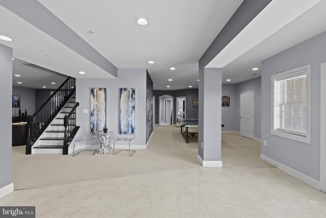 17621 Auburn Village Dr, Sandy Spring, MD 20860 - carpeted entrance foyer with baseboards, recessed lighting, tile patterned flooring, and stairs
