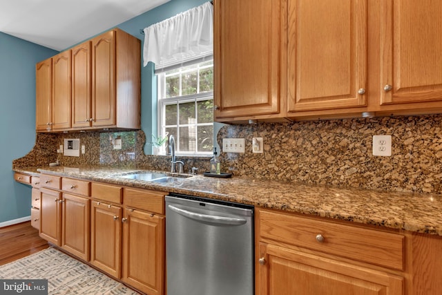 8139 Showcase Ct, Pasadena, MD 21122 - kitchen with dishwasher, a sink, stone counters, light wood-style floors, and tasteful backsplash